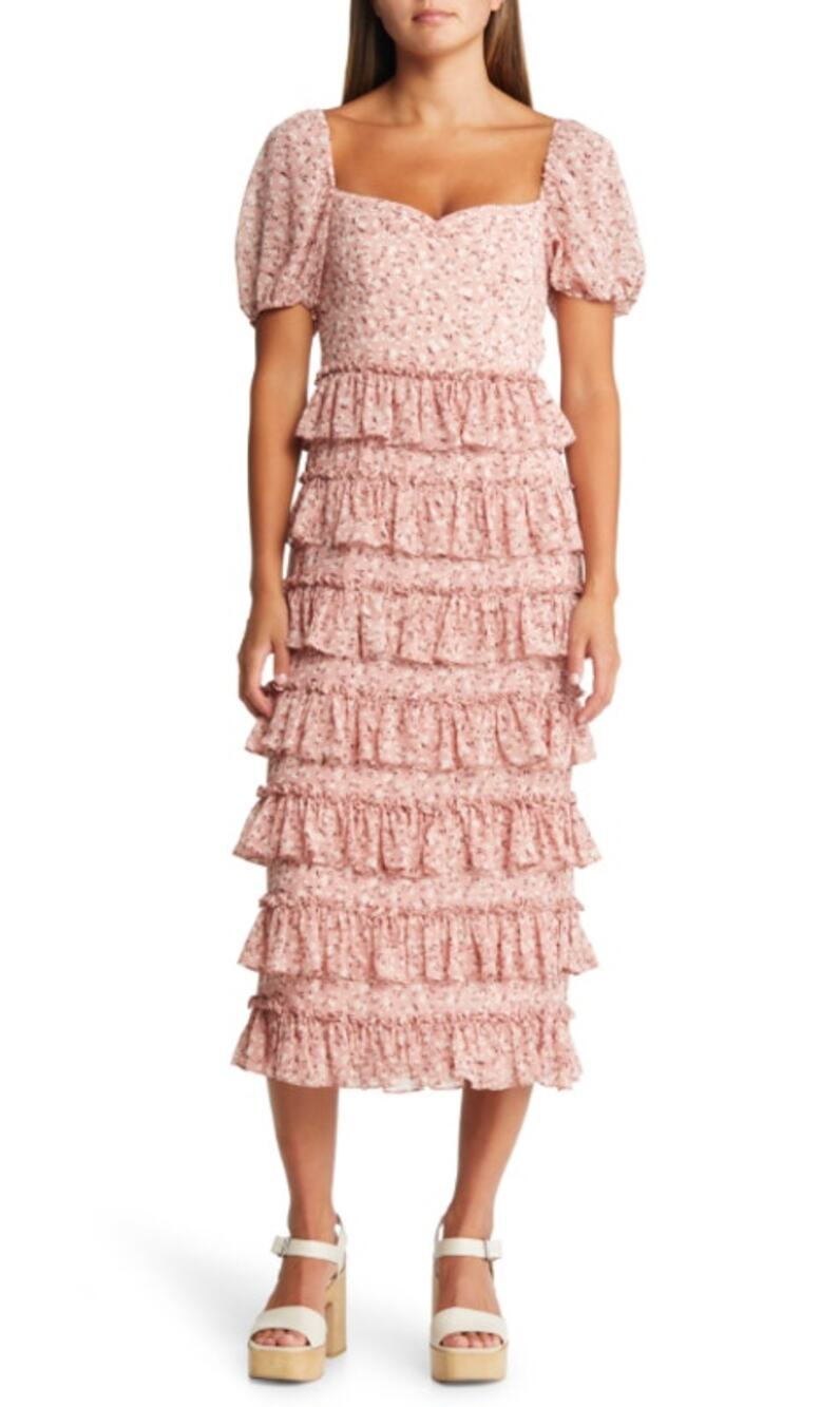 WAYF The Franki Tiered Maxi Dress XL Pink Floral Ruffle Summer Feminine